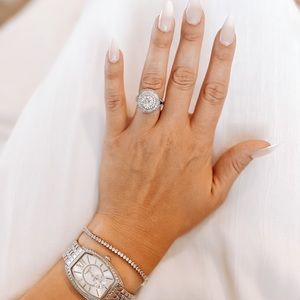Halo Ring Tapered Baguette & Round White CZs Rhodium Plated Sz.8
